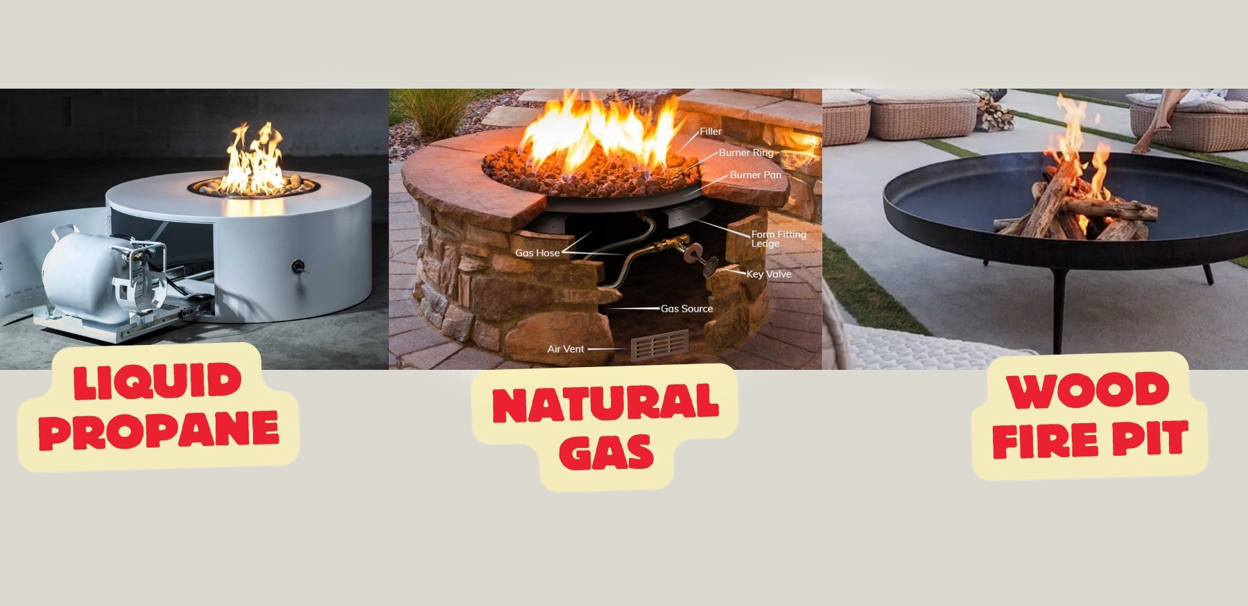 three fire pits with different fuel types